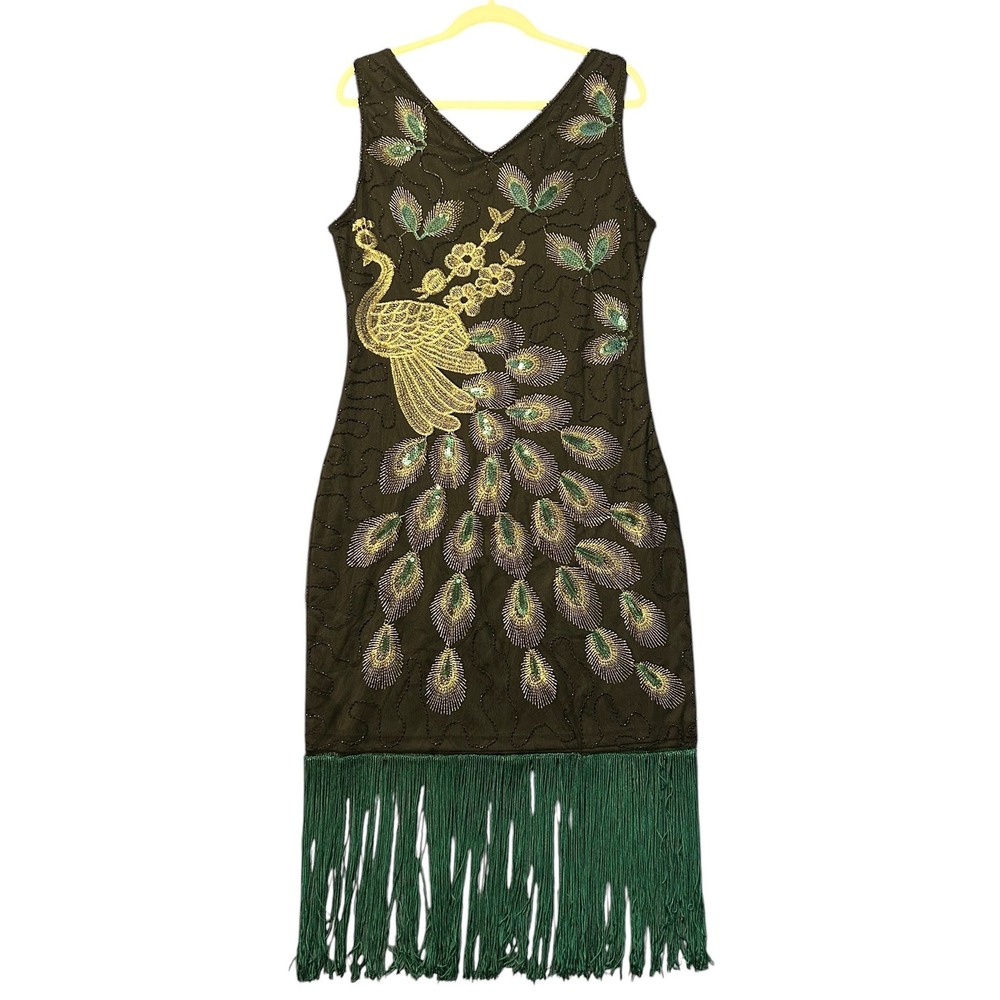 Vintage Style Peacock Beaded Flapper Dress Green Fringe Gatsby Party Costume